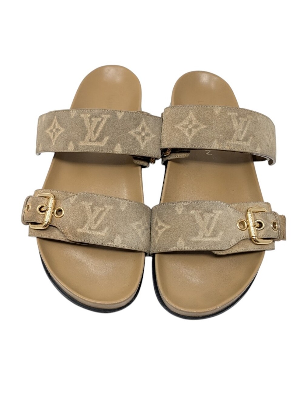 Louis Vuitton Distressed Beige Bom Dia Suede Monogram Sandals Size EU 37.5